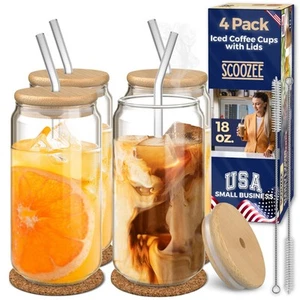 Iced Coffee Cups with Lids [4 Pcs-18Oz] Beer Glasses with Bamboo Lids & Glass... - Picture 1 of 8