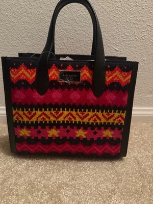 NWT $398 Kate Spade Manhattan Carnival Fair Isle Sweater Knit Tote Pink black - Image 1 of 4