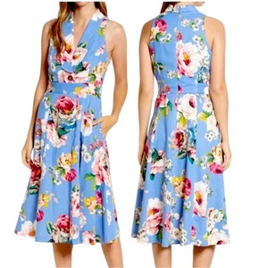 Eliza J Floral Midi Dress Women's 16 Blue Linen Blend Sleeveless V-Neck Pockets - Picture 1 of 10
