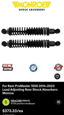 Monroe 58655 2X Load Adjusting Rear Shocks for Ram ProMaster 1500 2014-2023 - Image 1 of 4
