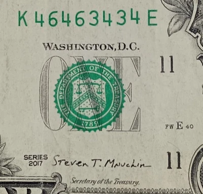 K46463434E $1 Repeater Fancy Serial Number 46 46 34 34 One Dollar Bill 2017 Note - Image 1 of 3