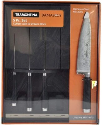 NEW Tramontina Damascus 5 Pc. Premium VG10 Steel Knife Set with In-drawer Block