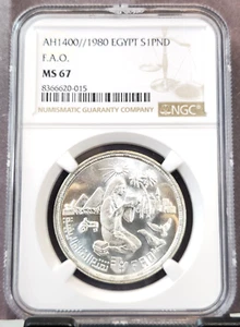 1980 EGYPT SILVER 1 POUND FAO NGC MS 67 RARE GEM BEAUTY TOP POP - Picture 1 of 3