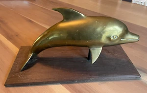 Vintage Mid Century Brass Dolphin Statue Sculpture 15" - Picture 1 of 5
