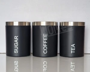 Juego de 3 botes té café azúcar tarro negro almacenamiento cocina recipiente olla de hojalata - Imagen 1 de 2