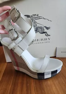 NEW Burberry Brit Check White Leather Goldfinch Wedge Women's Sandals 38.5 8.5 - Picture 1 of 11