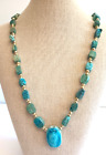 Vintage Egyptian Faience Scarab Carved Beetle Beads Pendant Necklace 27 in
