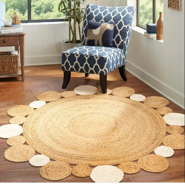 Rug 100% Natural Jute handmade reversible round carpet Rustic modern area  rugs - Image 1 of 4