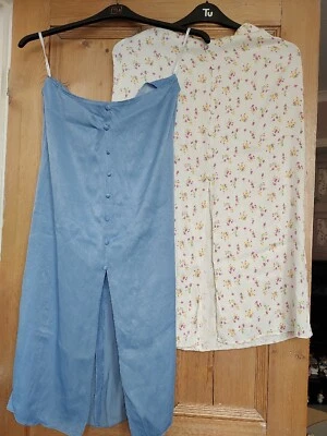 2 Skirts Size 12 Viscose Silky Feel Floral Plain Blue Faux Button Down Front... - Image 1 of 4
