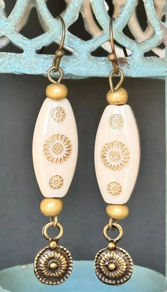 Vintage Etched Creamy White and Bronze Bead Earrings. - Image 1 of 1