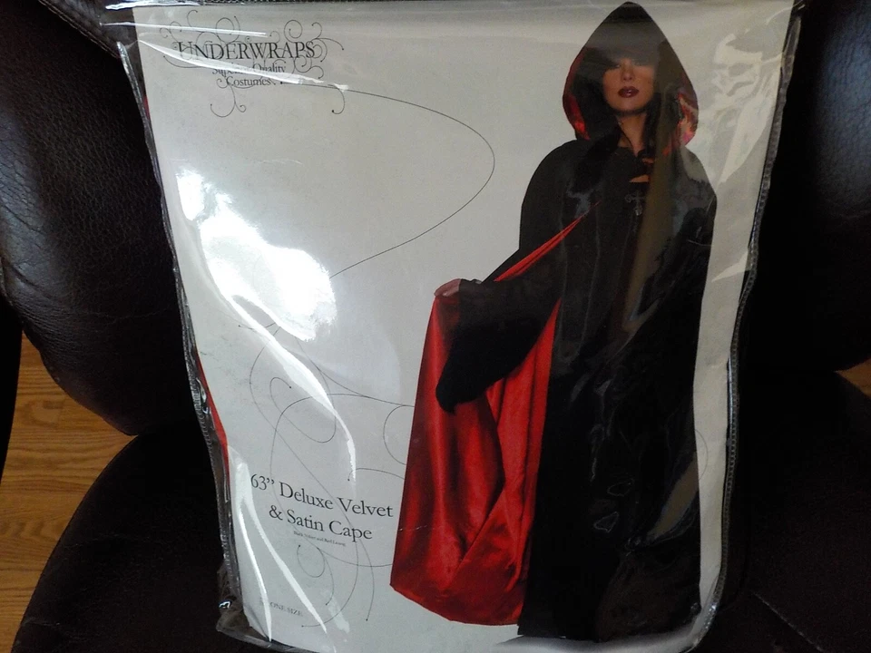 UNDERWRAPS 63" DELUXE VELVET & SATIN CAPE, ADULT, BLACK & RED ONE SIZE- NEW  - Image 1 of 4