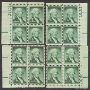 US. 1031. 1c. George Washington. 4 Matched Position PB4 #25707. MNH. 1956 - Picture 1 of 2