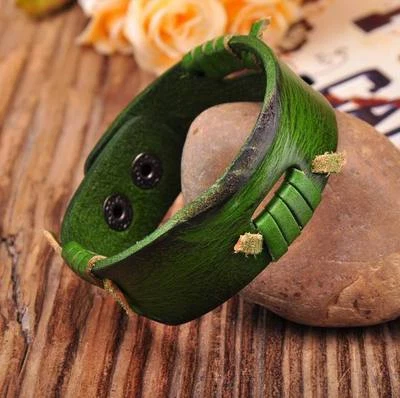 Pulsera brazalete G198 verde cuero genuino artesanal encaje envolvente nuevo Foto 1 de 4