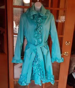 Samuel Dong Trench Dress Coat Ruffle Formal Evening Jacket Teal Bay Women Small - Picture 1 of 17