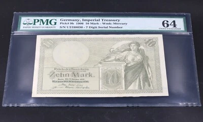 Germany Imperial Treasury 10 Mark 1906 P 9b Choice UNC PMG 64, Mercury Watermark - Image 1 of 2