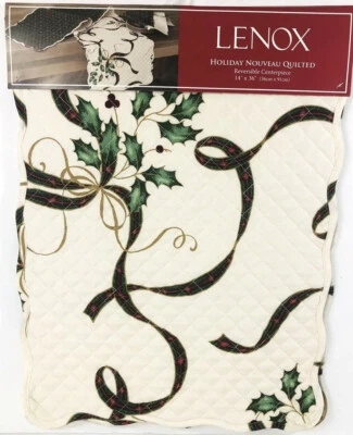Lenox Christmas Reversible Table Runner Quilted Nouveau Ribbon Pattern 14x36 - Image 1 of 3