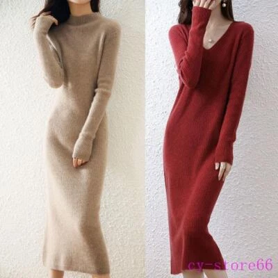 Women's 100% Cashmere Knitted Sweater Dress Turtleneck Wool Maxi Long Skirt 2024 - Image 1 of 4