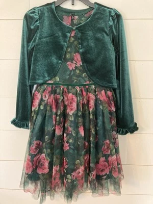 Lilt Girls Party & Holiday Dress Size 7/8 Flowered w/ Hunter Green Velvet Jacket - Image 1 of 4