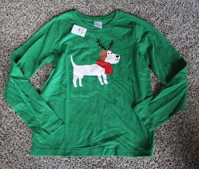 NWT Hanna Andersson Boys 140 Green Reindeer Dog Christmas Long Sleeve Tee Top 10 - Image 1 of 3