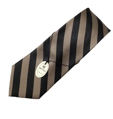 男式 Bruno Piattelli 灰褐色/浅棕色和黑色领带对角条纹丝绸 4 英寸 x 58 英寸 — 第 1/4 张图片