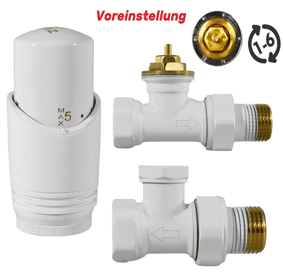 Heizkörper Ventil DURCHGANG SATZ 1/2 Weiss Heizung Thermostat Vorlauf + Rücklauf - Bild 1 von 4