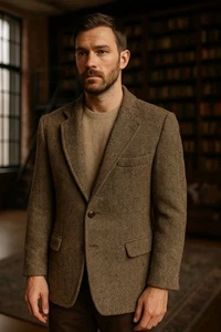 Vintage Dunn & Co. Harris Tweed 100% Wool Blazer Brown Herringbone Sport Coat Ma - Picture 1 of 15