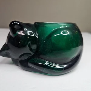 Vtg Indiana Glass Green Sleeping Cat Kitten Candle Holder 2.75" x 4.5" - Picture 1 of 8