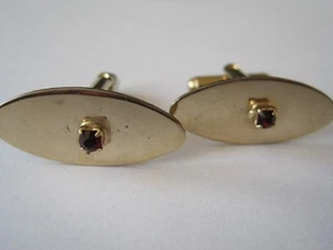 Retro Oval Gold Tone & Red Rhinestone Cufflink Set - Picture 1 of 1