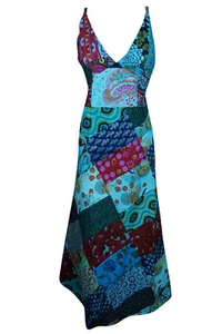 Boho Gypsy Hippy Cotton Patchwork Dress Deep V Neck Printed Colorful Sundress SM
