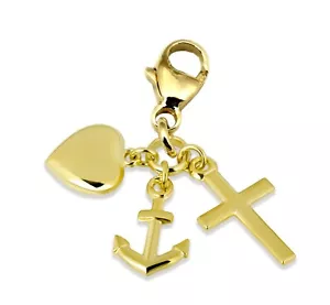 Charm Pendant Faith Love Hope 585 Gold Polished 14 Karat Yellow Gold Anchor H - Picture 1 of 2