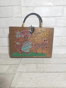 Vtg K-Wes Pebble Beach TX Wood box purse Donkey jeweled Makeup Case Mcm - Picture 1 of 14