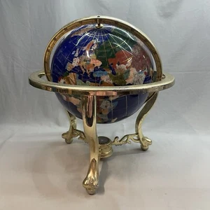Vintage Large Semi Precious Stone Gemstone World Globe with Compass Brass Lapis - Picture 1 of 22
