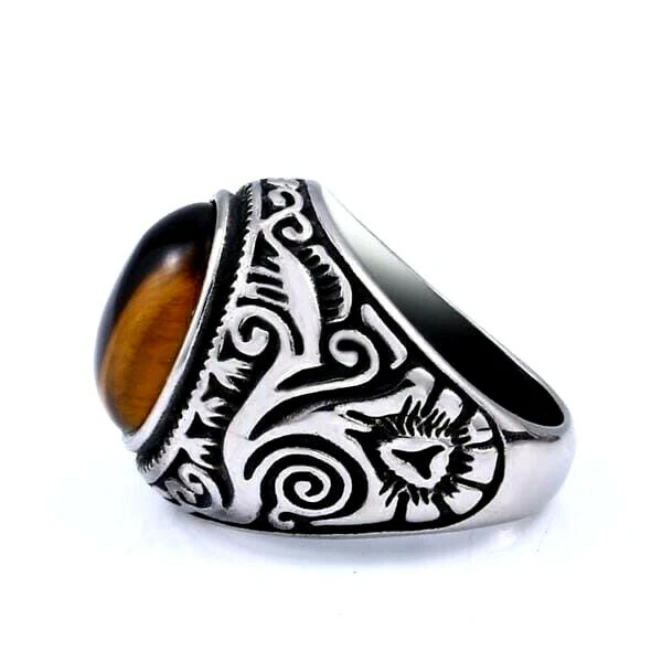 Anello Uomo Acciaio Argento Nero Tribale Decorato Pietra Occhio di Tigre R251 - Immagine 1 di 1