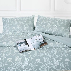 Sage Green Flower Duvet Cover Floral Queen Spring Wildflower Embroidered Botanic - Picture 1 of 7