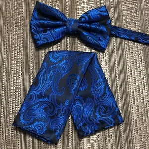 Royal Blue NEW Paisley Pre-tied Butterfly Bowtie and Pocket Square Hanky Set - Picture 1 of 1