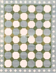 8x10 Oushak Wool Rug | Hand-Knotted Blue Green Grid | Turkish Style Carpet - Picture 1 of 7