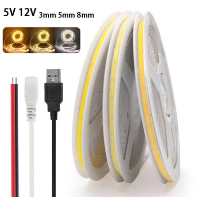 3mm 5mm 8mm COB LED Light Strip Warm White Flexible Tape Lamp Room TV Car 5V 12V - Image 1 of 4