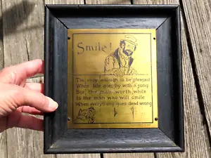 antique 1903 brass wall plaque picture Smile life poem 7"x7.5" HG Nash framed  M - Picture 1 of 5