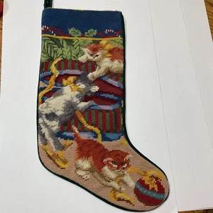 VTG Wool Needlepoint Cat Christmas Stocking 3 Kittens Playing Presents Ornaments - Picture 1 of 12