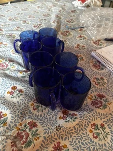 Vintage Cobalt Blue Glass Mugs ARCOROC Set Of 8 Cups Made In France - Picture 1 of 3