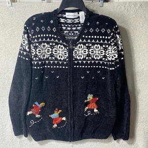 Alfred Dunner Knitted Sweater Womens XL Long Sleeve Embroidered Black White Vtg - Picture 1 of 5