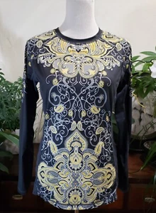 ATHLETA Shirt Women S Gray Yellow Paisley Runaway L/S Workout Athleisure Top - Picture 1 of 12