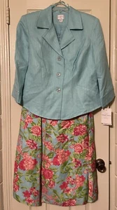 NWT Emma James Dresses 2PC Dress Suit Aqua Floral 14 Linen Spring - Picture 1 of 11