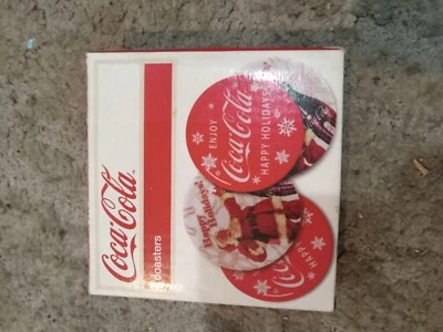4"  4 Count Coca Cola Christmas Happy Holidays Coasters Coke Santa 2013 In Box - Image 1 of 4