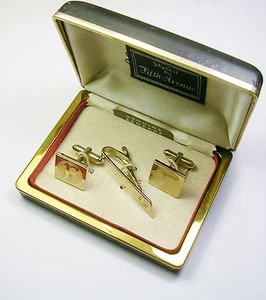 VINTAGE INITIAL CUFFLINKS TIE CLIP SET LETTER F GENUINE BROCADE CUFF LINKS - Picture 1 of 3