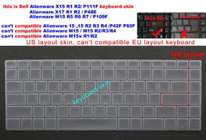Keyboard Cover Skin For Dell Alienware X15 R1 R2,X17 R1 R2 P48E,M15 R5R6R7 P109F - Picture 1 of 8