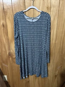 Old Navy XL Long Sleeve Aline Rayon Spandex Blue White Pattern Midi Dress - Picture 1 of 8