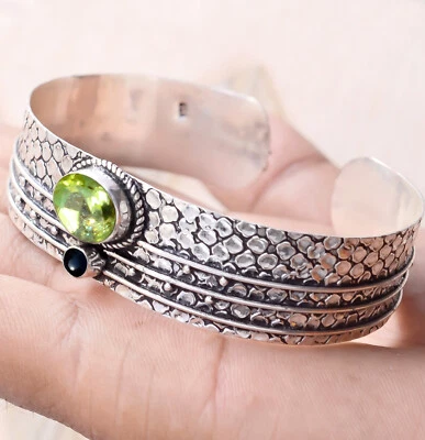 Peridot Cut, Black Onyx Gemstone Bracelet 925 Sterling Silver Man's Cuff Jewelry - Image 1 of 4