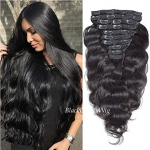 Long Wavy Clip in Human Hair Extension Brazilian Body Wave Clip on Hair 100-150g - Picture 1 of 12