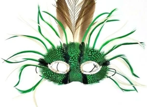 White & Green Mardi Gras Feathered Mask With Silver Sequins and Peacock Feathers - Picture 1 of 7